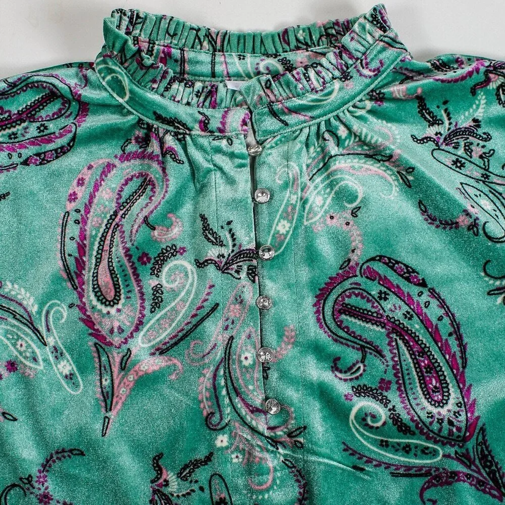 Charter Club Green Paisley High Neck Blouse - XL - Velvet Feel!! - Picture 4 of 9